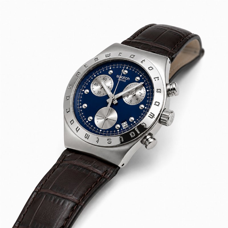 Montre Swatch Irony Chronograph – Cadran Bleu, Bracelet Cuir Marron