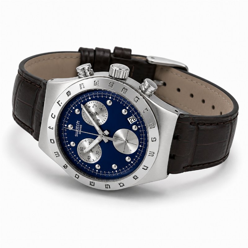 Montre Swatch Irony Chronograph – Cadran Bleu, Bracelet Cuir Marron