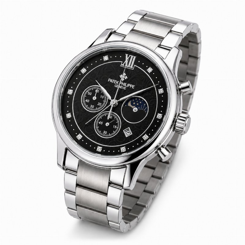 Montre Homme Patek Philippe Genève – Cadran Noir, Bracelet Acier Argenté